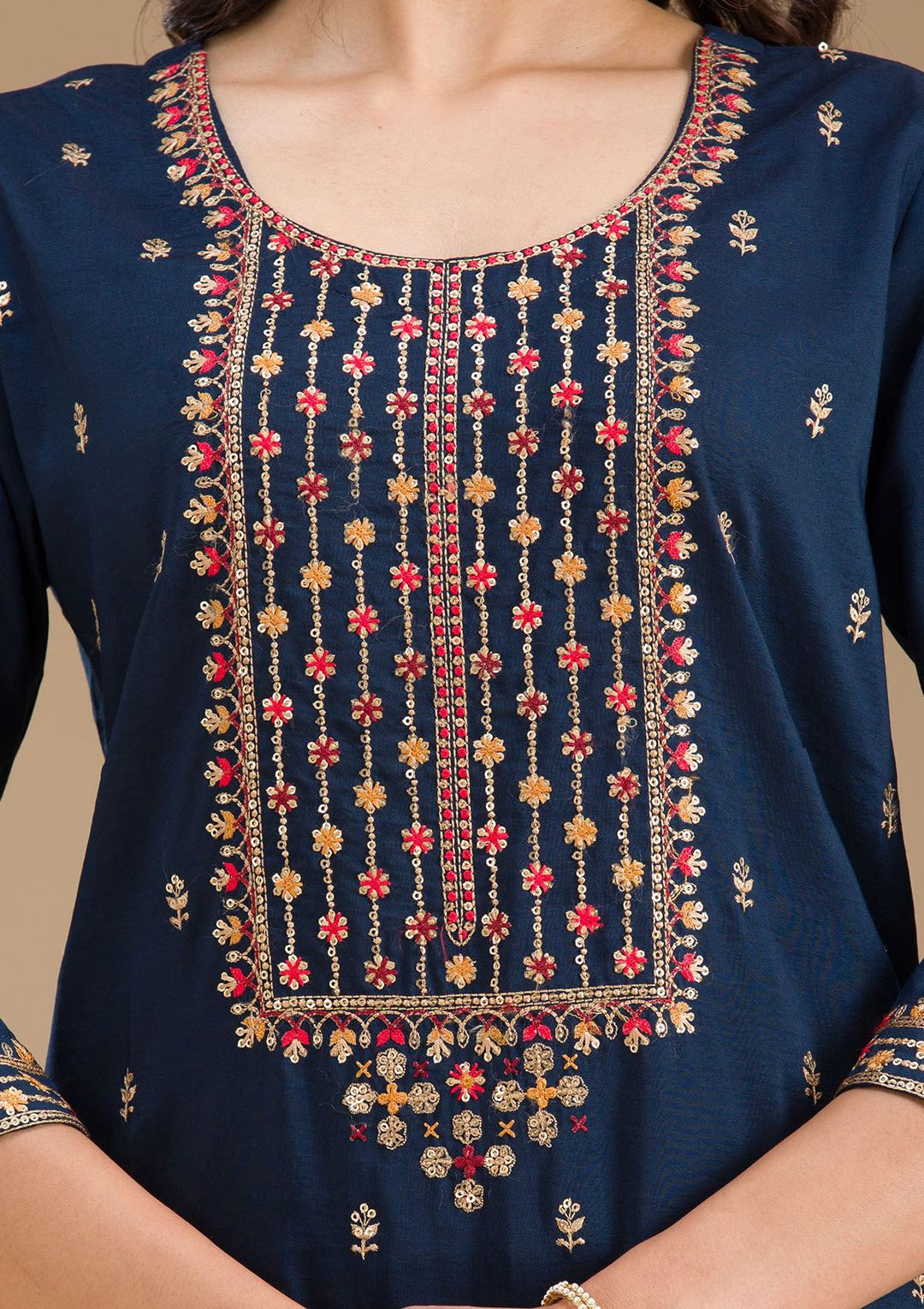 Navy Blue Threadwork Semi Crepe Readymade Salwar Suit