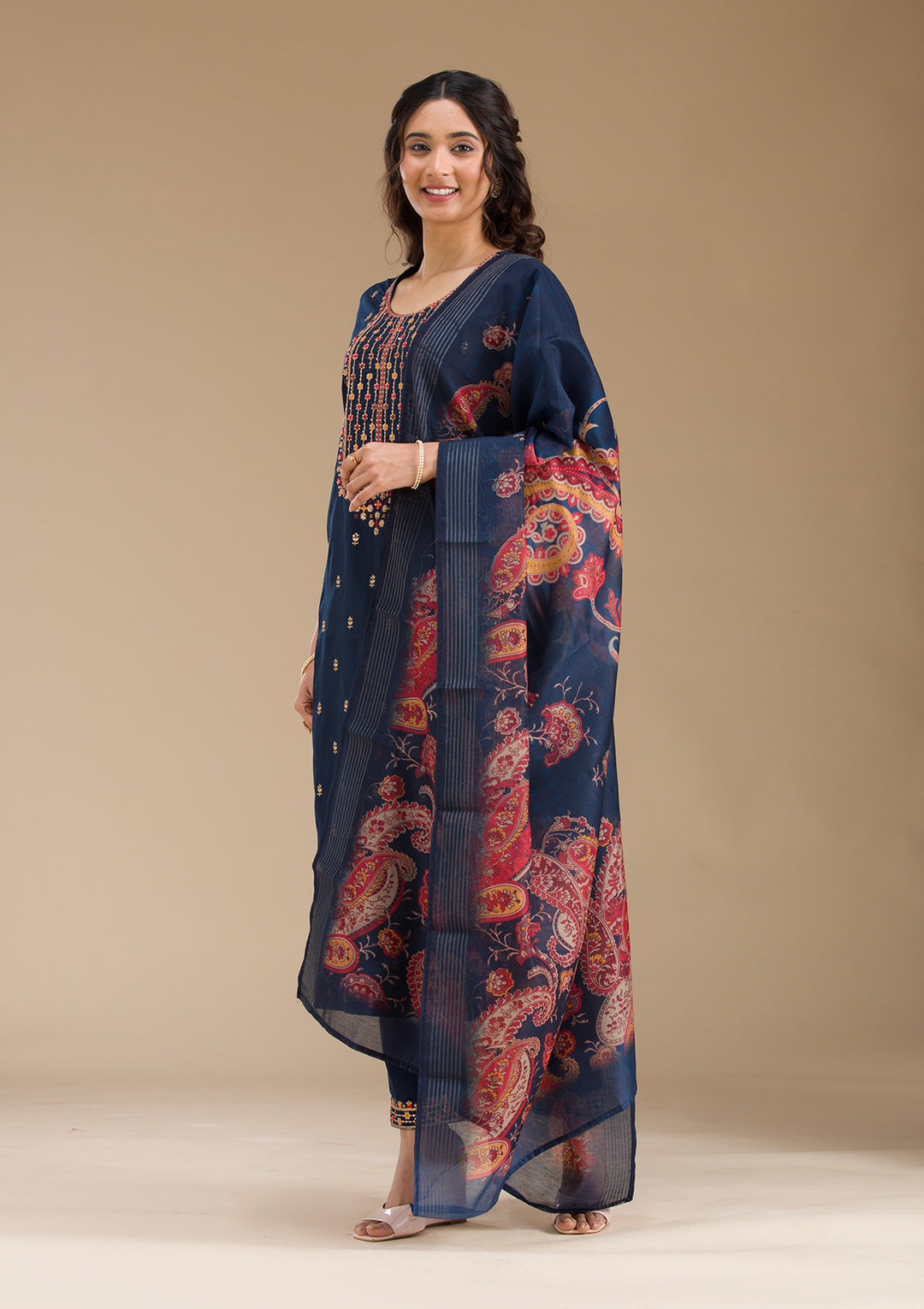 Navy Blue Threadwork Semi Crepe Readymade Salwar Suit