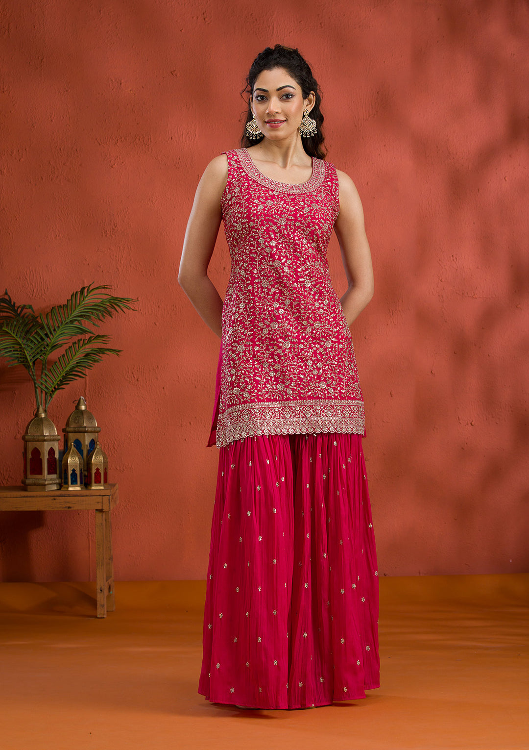 Rani Pink Silver Zariwork Georgette Readymade Sharara Suit