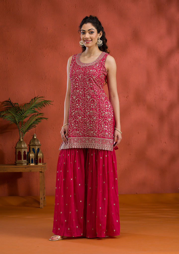 Rani Pink Silver Zariwork Georgette Readymade Sharara Suit