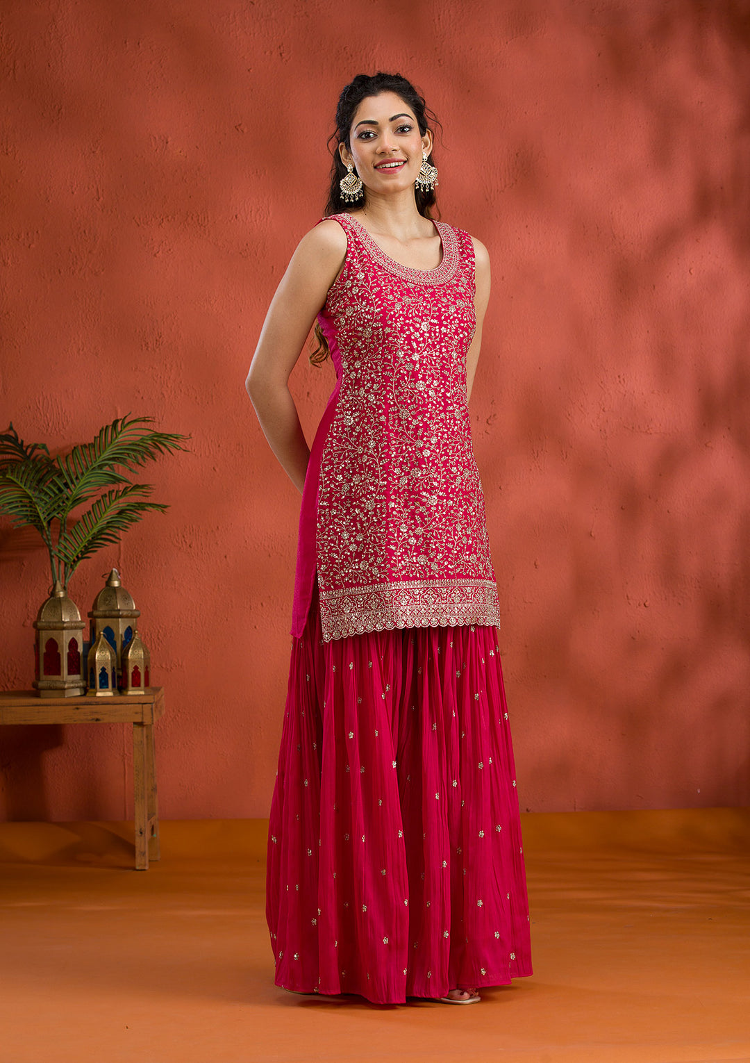 Rani Pink Silver Zariwork Georgette Readymade Sharara Suit