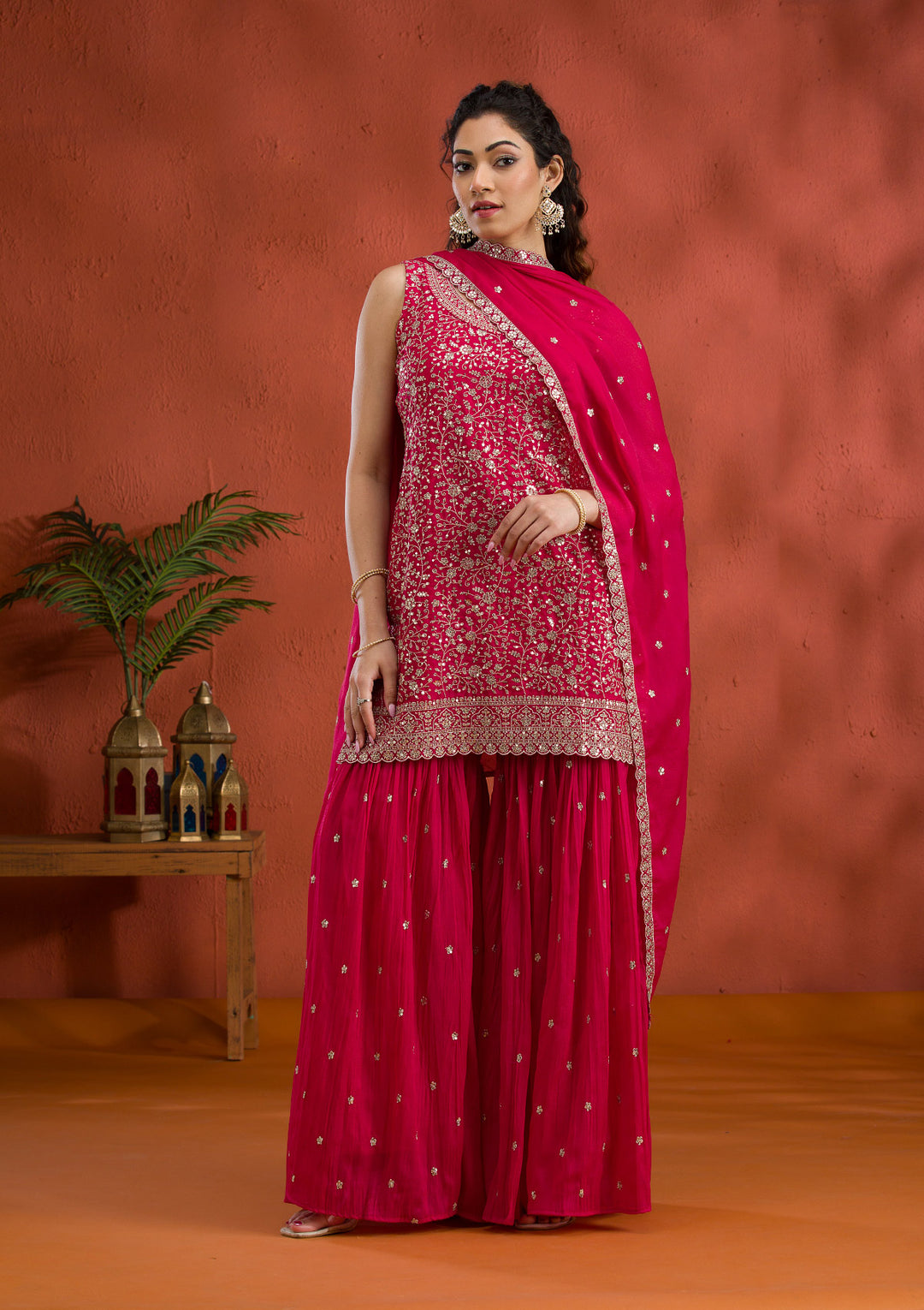 Rani Pink Silver Zariwork Georgette Readymade Sharara Suit