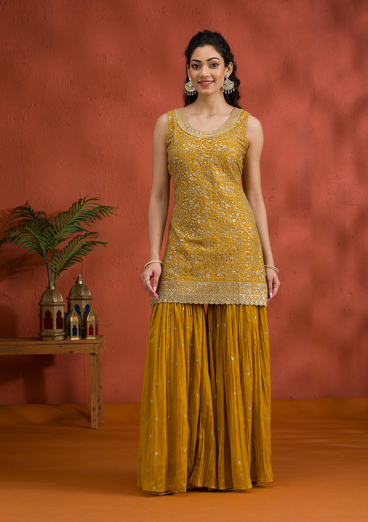 Yellow Silver Zariwork Georgette Readymade Sharara Suit