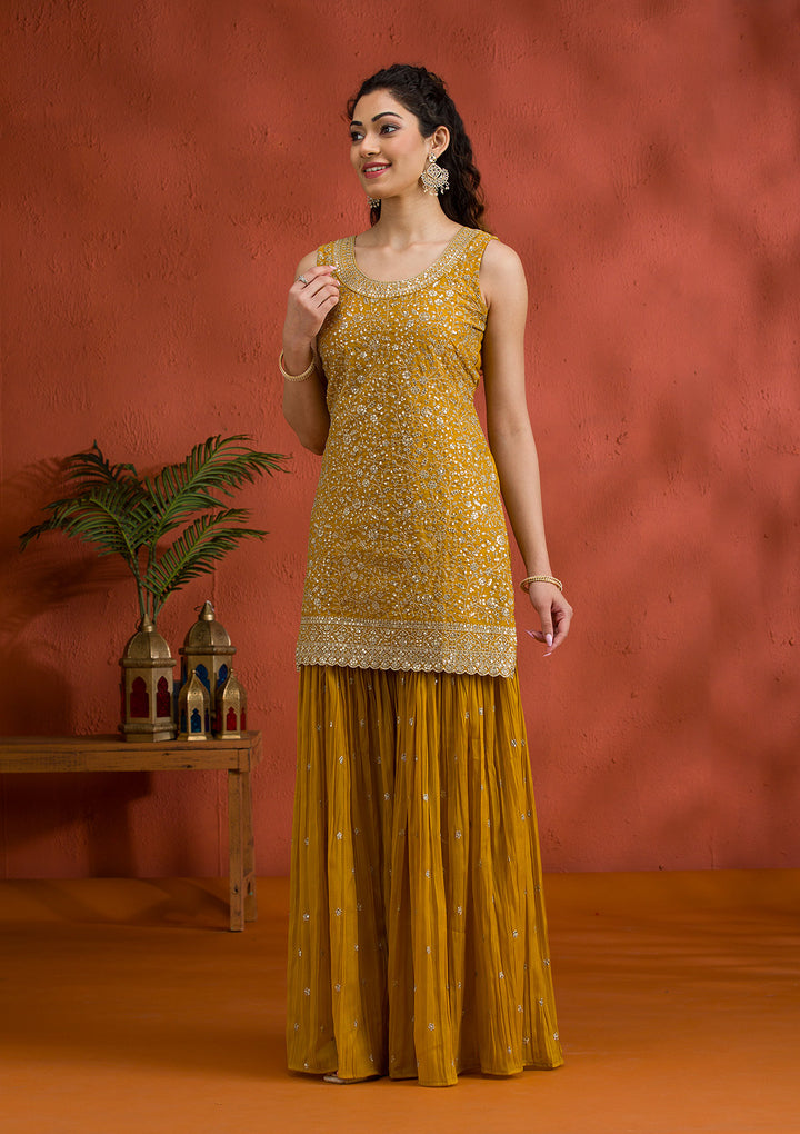 Yellow Silver Zariwork Georgette Readymade Sharara Suit