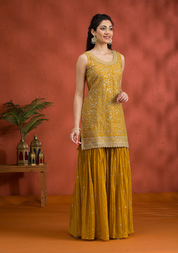 Yellow Silver Zariwork Georgette Readymade Sharara Suit