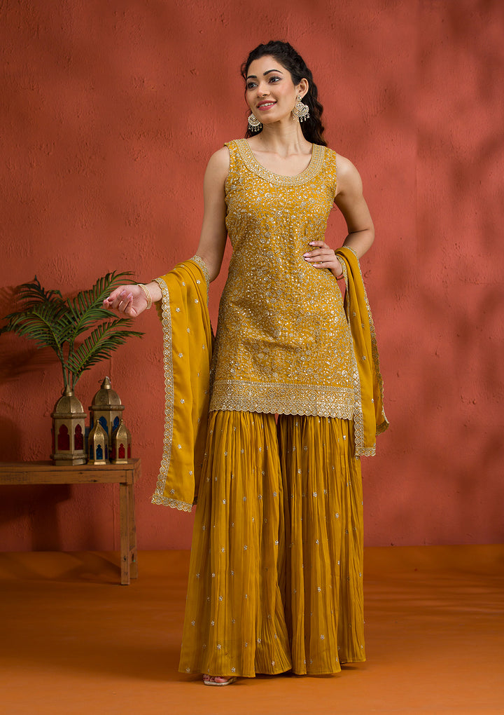 Yellow Silver Zariwork Georgette Readymade Sharara Suit