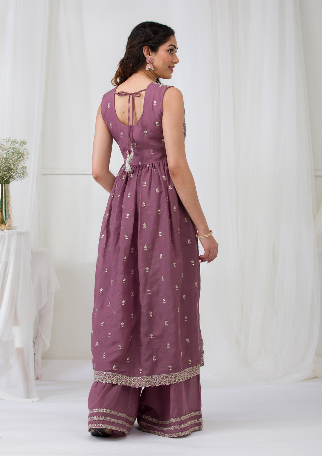 Mauve Silver Zariwork Georgette Readymade Salwar Suit