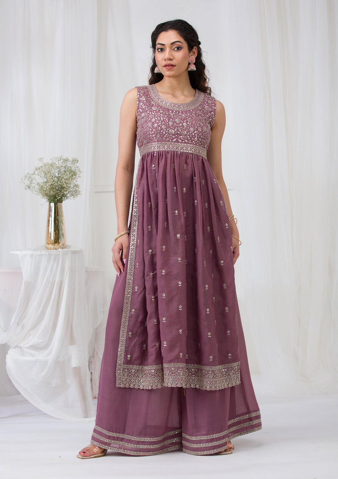 Mauve Silver Zariwork Georgette Readymade Salwar Suit