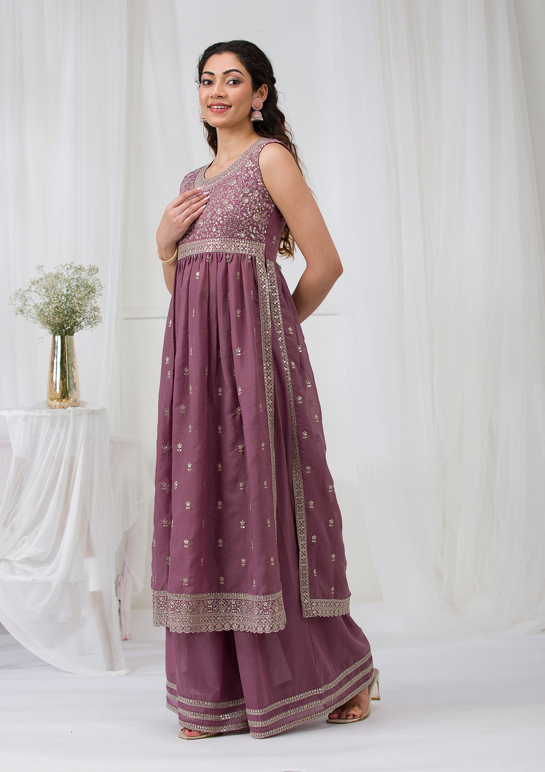 Mauve Silver Zariwork Georgette Readymade Salwar Suit