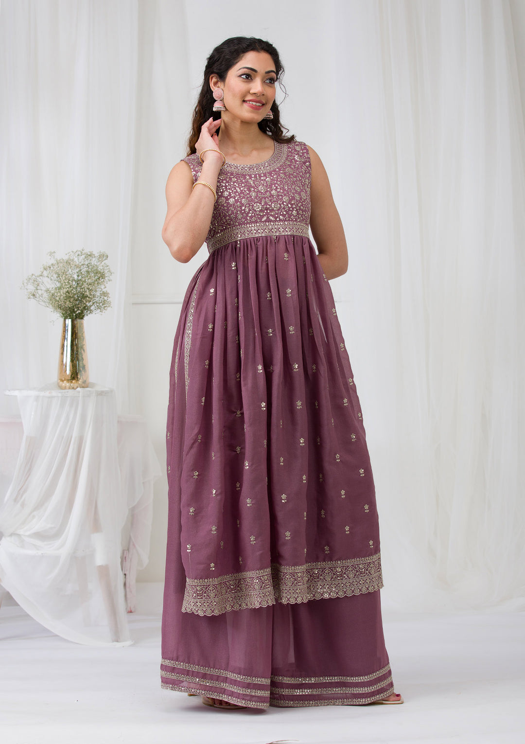 Mauve Silver Zariwork Georgette Readymade Salwar Suit
