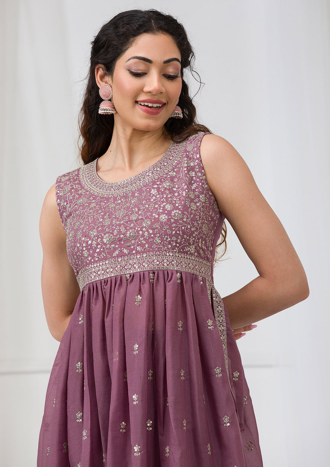 Mauve Silver Zariwork Georgette Readymade Salwar Suit