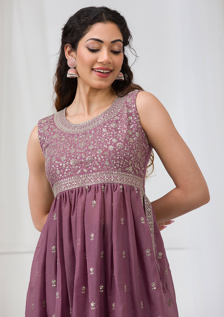Mauve Silver Zariwork Georgette Readymade Salwar Suit