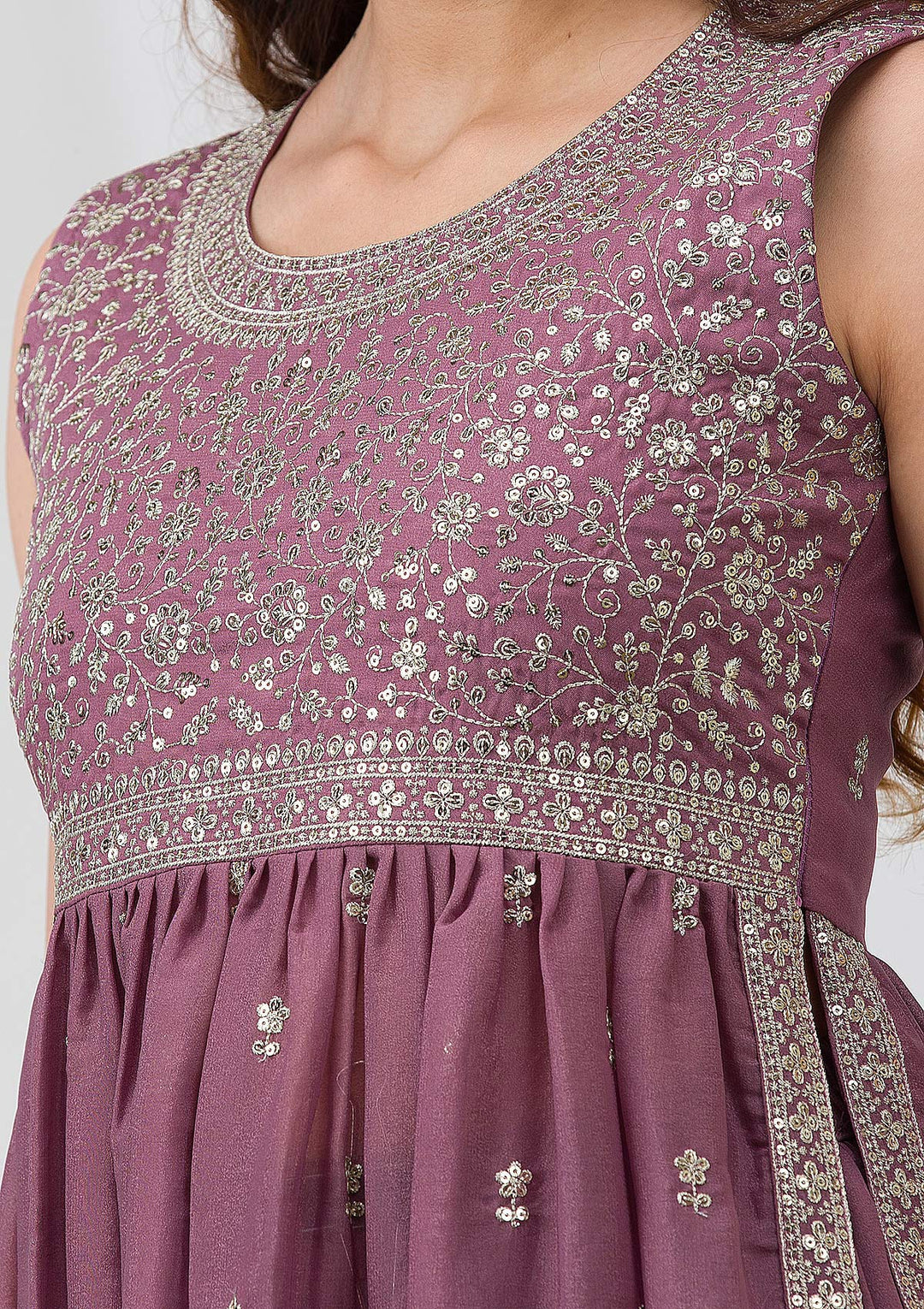 Mauve Silver Zariwork Georgette Readymade Salwar Suit