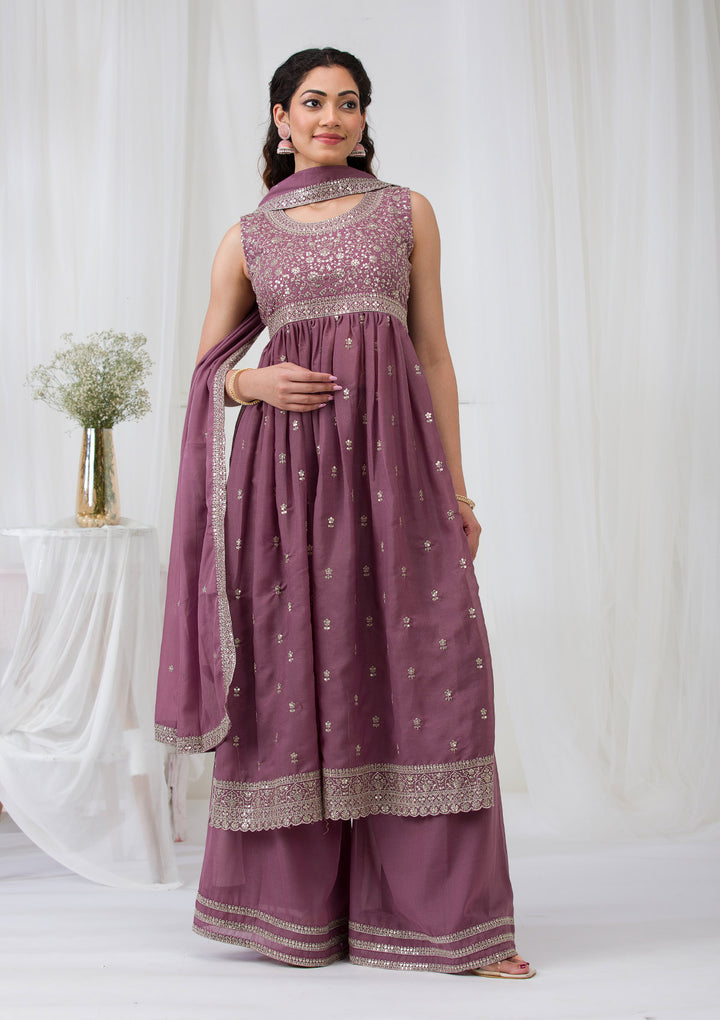 Mauve Silver Zariwork Georgette Readymade Salwar Suit