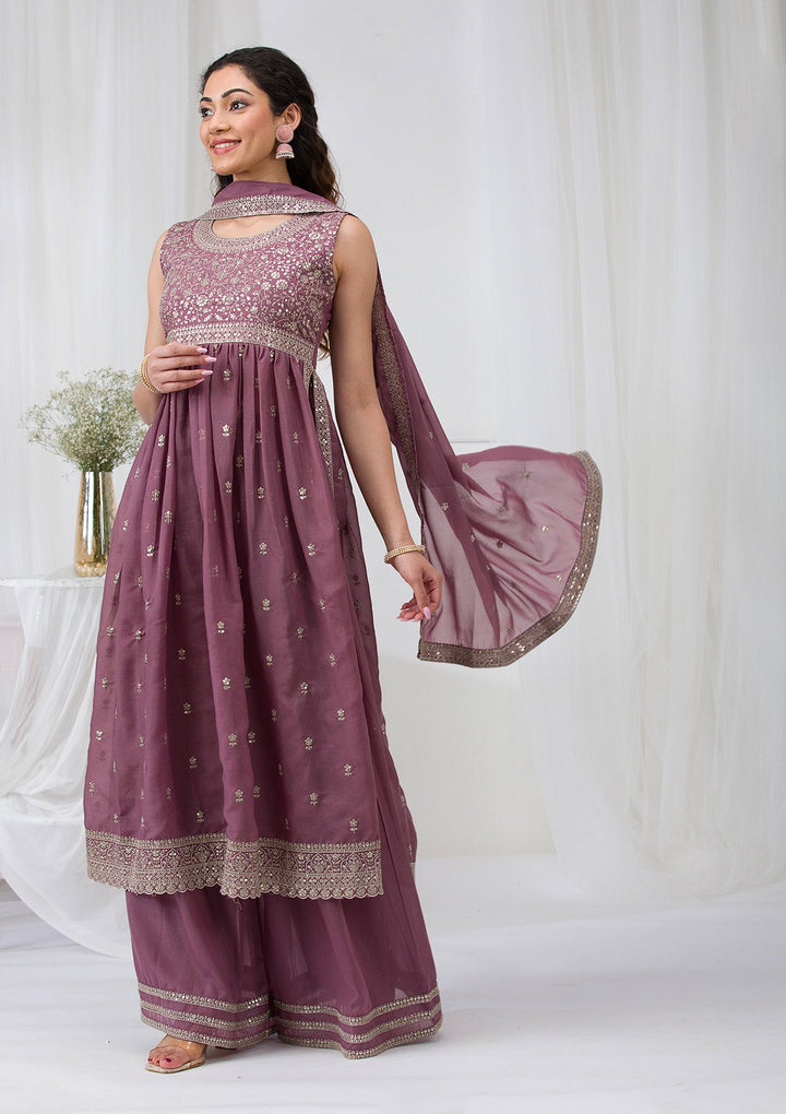 Mauve Silver Zariwork Georgette Readymade Salwar Suit