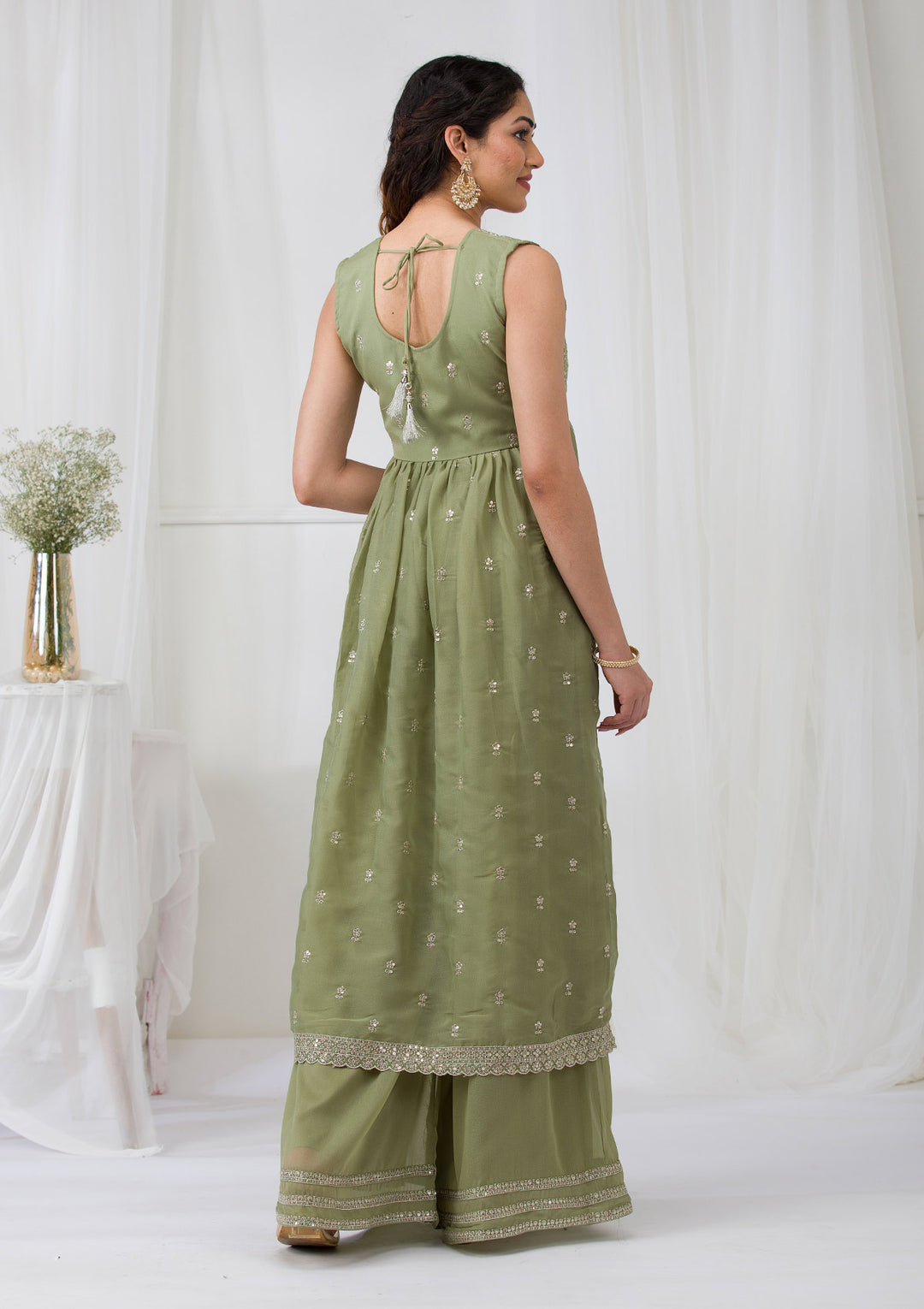 Pista Green Silver Zariwork Georgette Readymade Salwar Suit