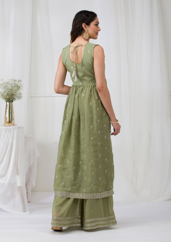 Pista Green Silver Zariwork Georgette Readymade Salwar Suit