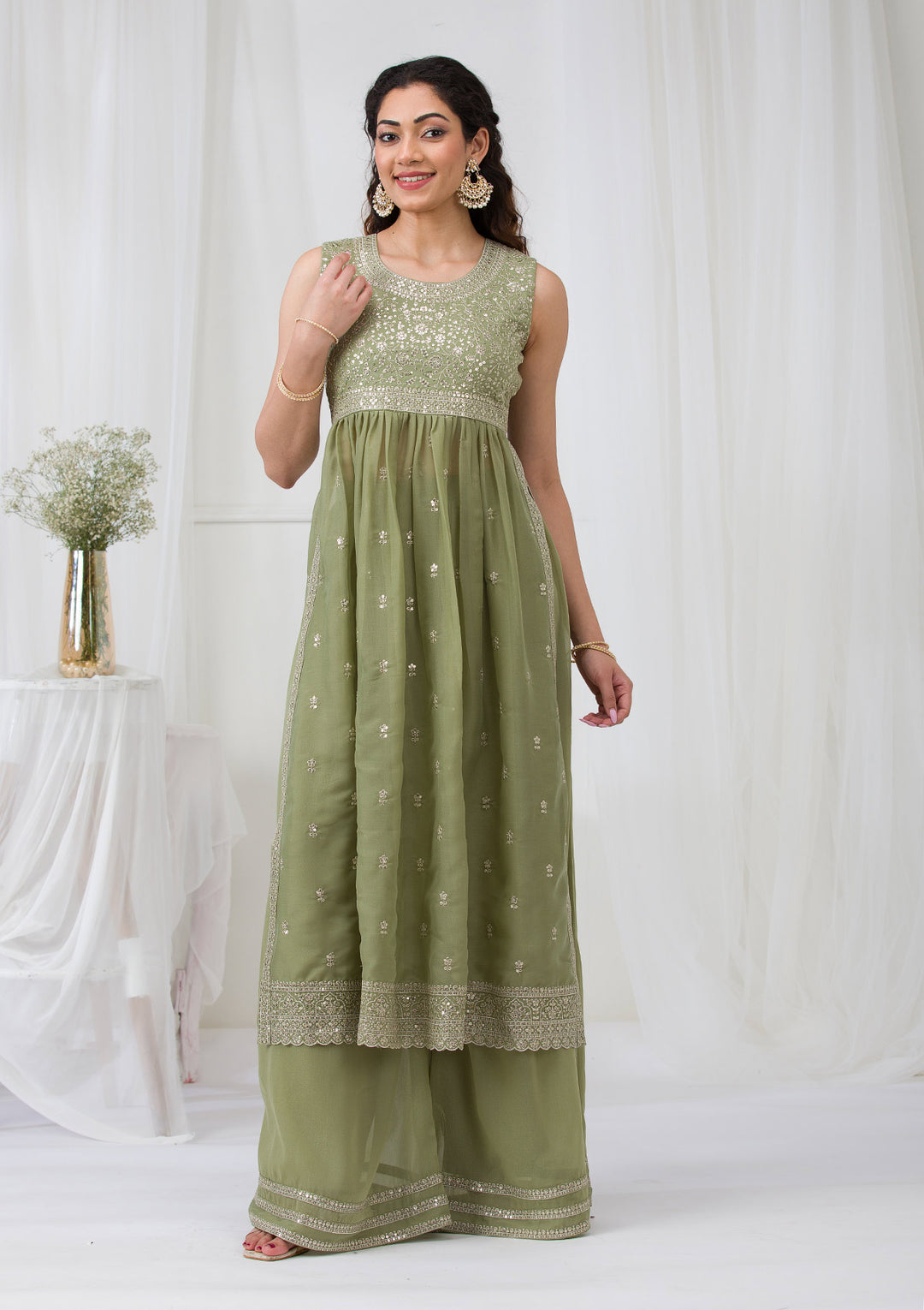 Pista Green Silver Zariwork Georgette Readymade Salwar Suit