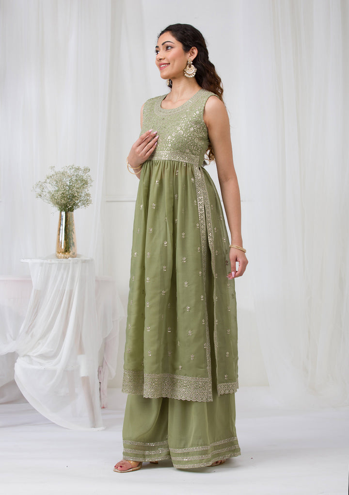 Pista Green Silver Zariwork Georgette Readymade Salwar Suit