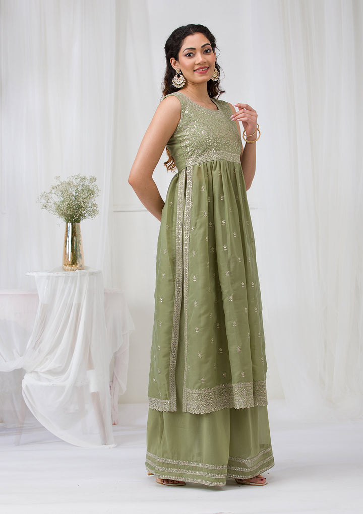 Pista Green Silver Zariwork Georgette Readymade Salwar Suit