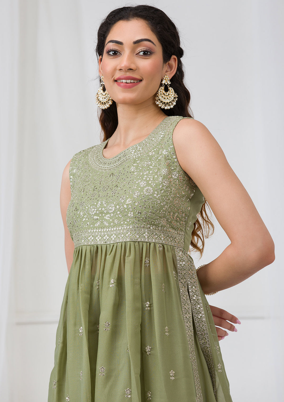 Pista Green Silver Zariwork Georgette Readymade Salwar Suit