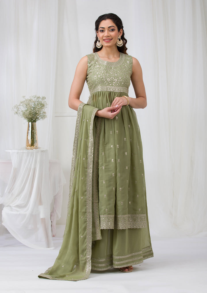 Pista Green Silver Zariwork Georgette Readymade Salwar Suit