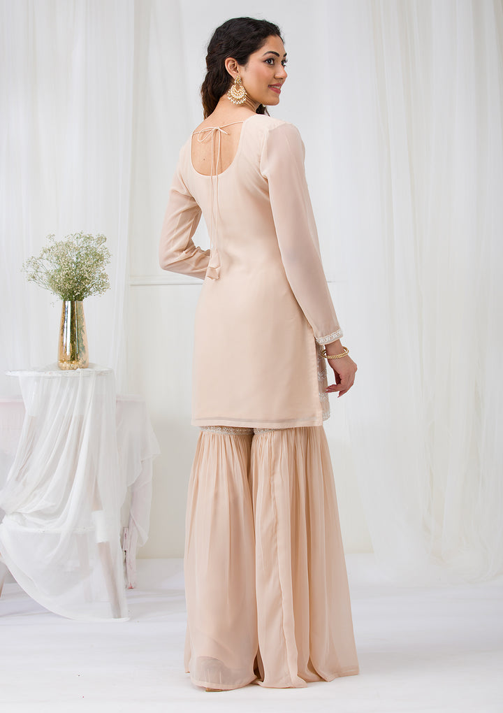 Beige Threadwork Georgette Readymade Salwar Suit