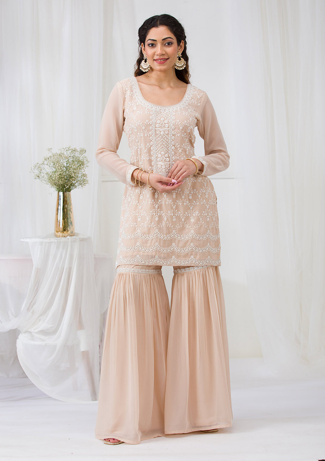 Beige Threadwork Georgette Readymade Salwar Suit