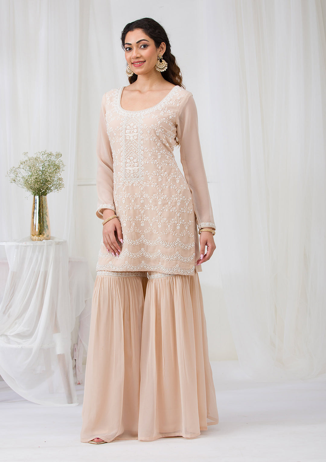 Beige Threadwork Georgette Readymade Salwar Suit