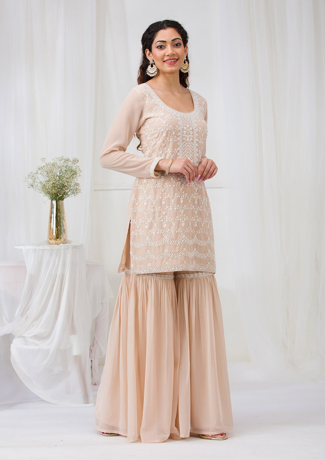 Beige Threadwork Georgette Readymade Salwar Suit