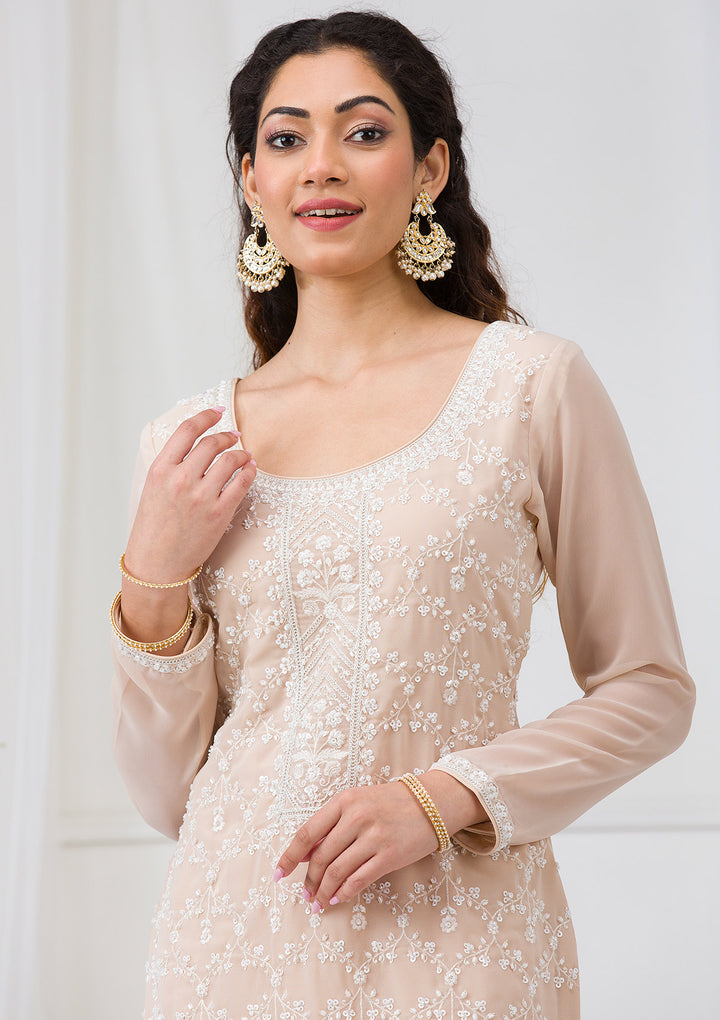 Beige Threadwork Georgette Readymade Salwar Suit