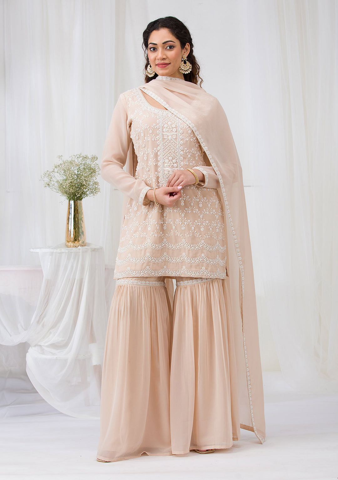 Beige Threadwork Georgette Readymade Salwar Suit