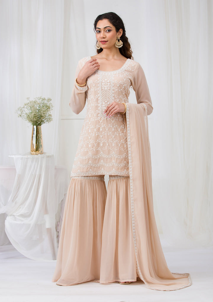 Beige Threadwork Georgette Readymade Salwar Suit