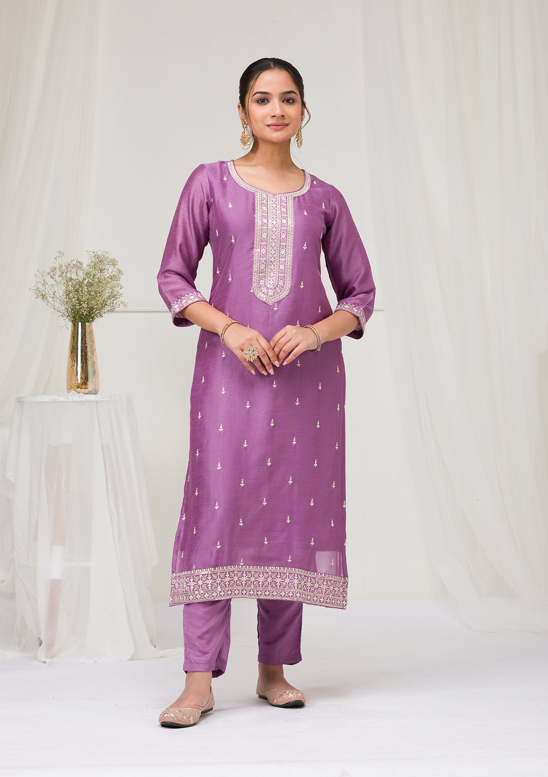 Lavender Sequins Raw Silk Readymade Salwar Suit