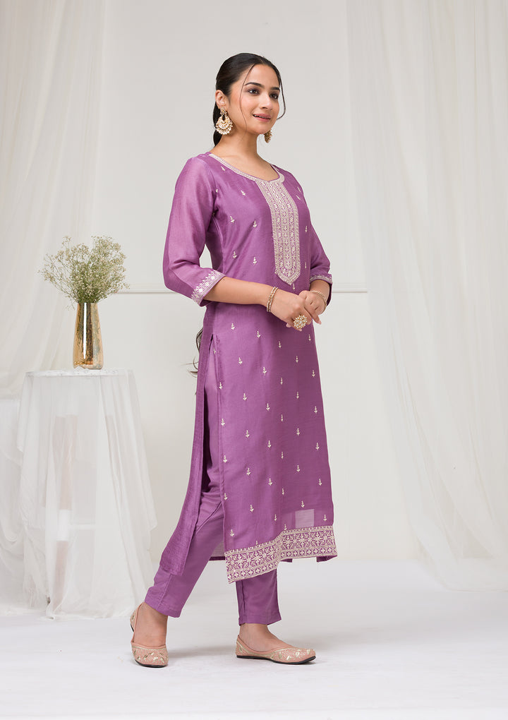 Lavender Sequins Raw Silk Readymade Salwar Suit