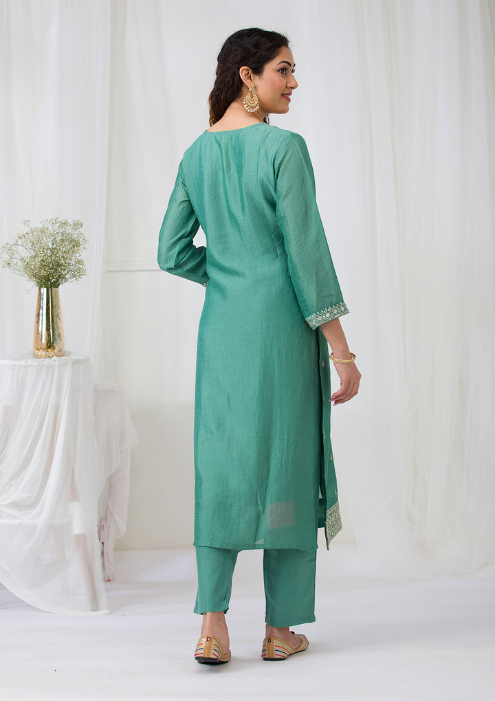 Sea Green Soft Raw Silk Gold Zariwork Straight Kurta With Pant Regular And Dupatta