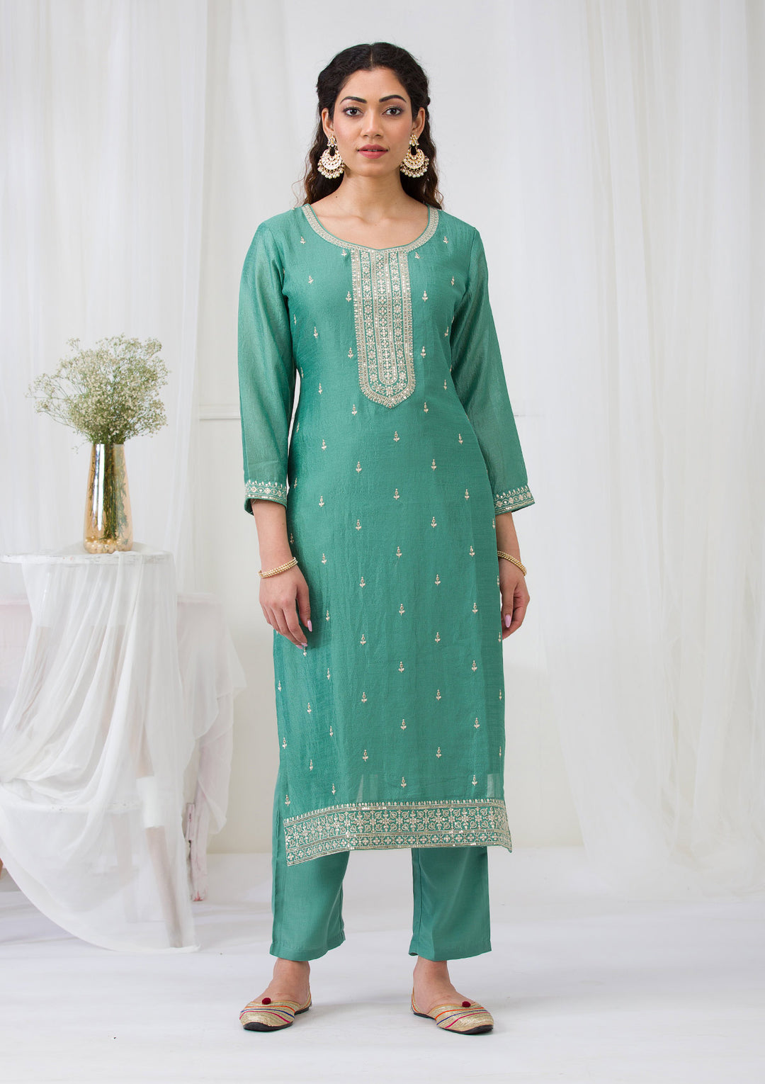 Sea Green Soft Raw Silk Gold Zariwork Straight Kurta With Pant Regular And Dupatta