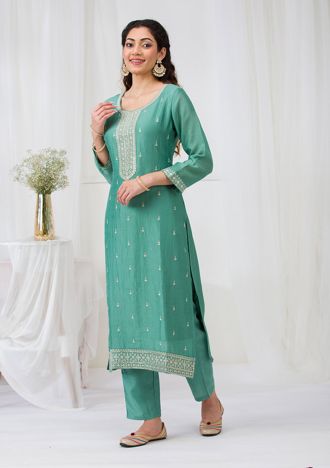 Sea Green Soft Raw Silk Gold Zariwork Straight Kurta With Pant Regular And Dupatta