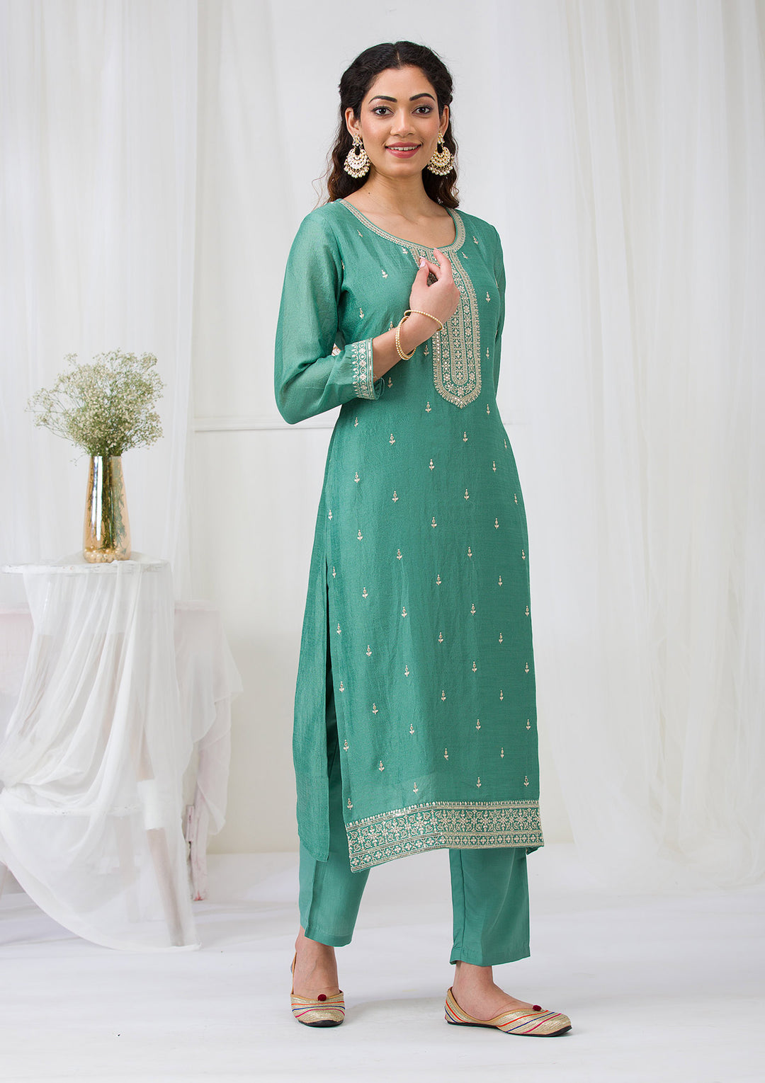 Sea Green Soft Raw Silk Gold Zariwork Straight Kurta With Pant Regular And Dupatta