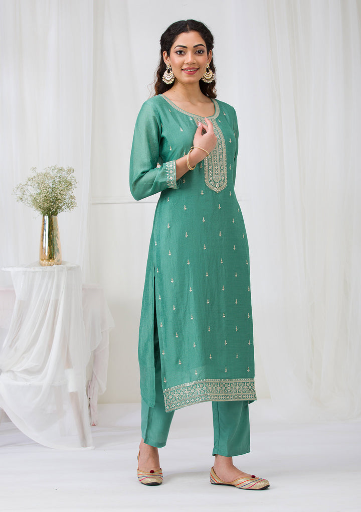 Sea Green Soft Raw Silk Gold Zariwork Straight Kurta With Pant Regular And Dupatta