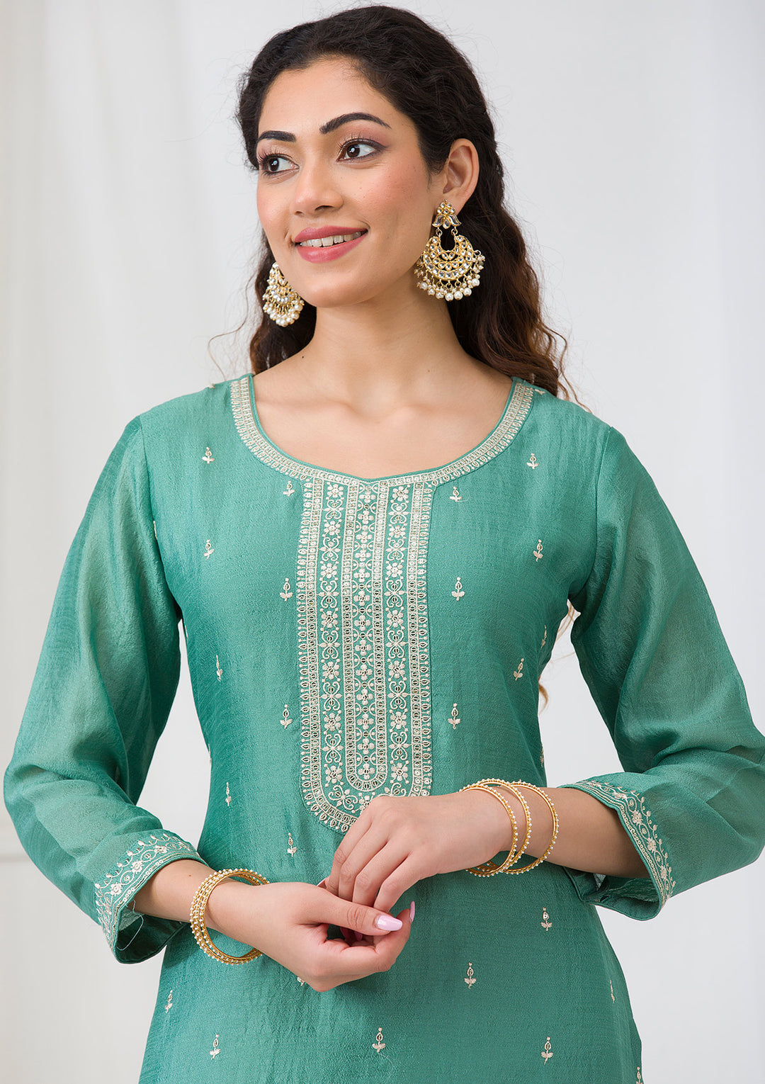 Sea Green Soft Raw Silk Gold Zariwork Straight Kurta With Pant Regular And Dupatta