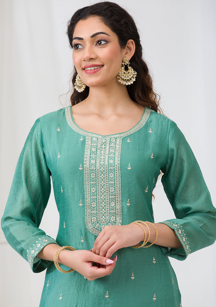 Sea Green Soft Raw Silk Gold Zariwork Straight Kurta With Pant Regular And Dupatta