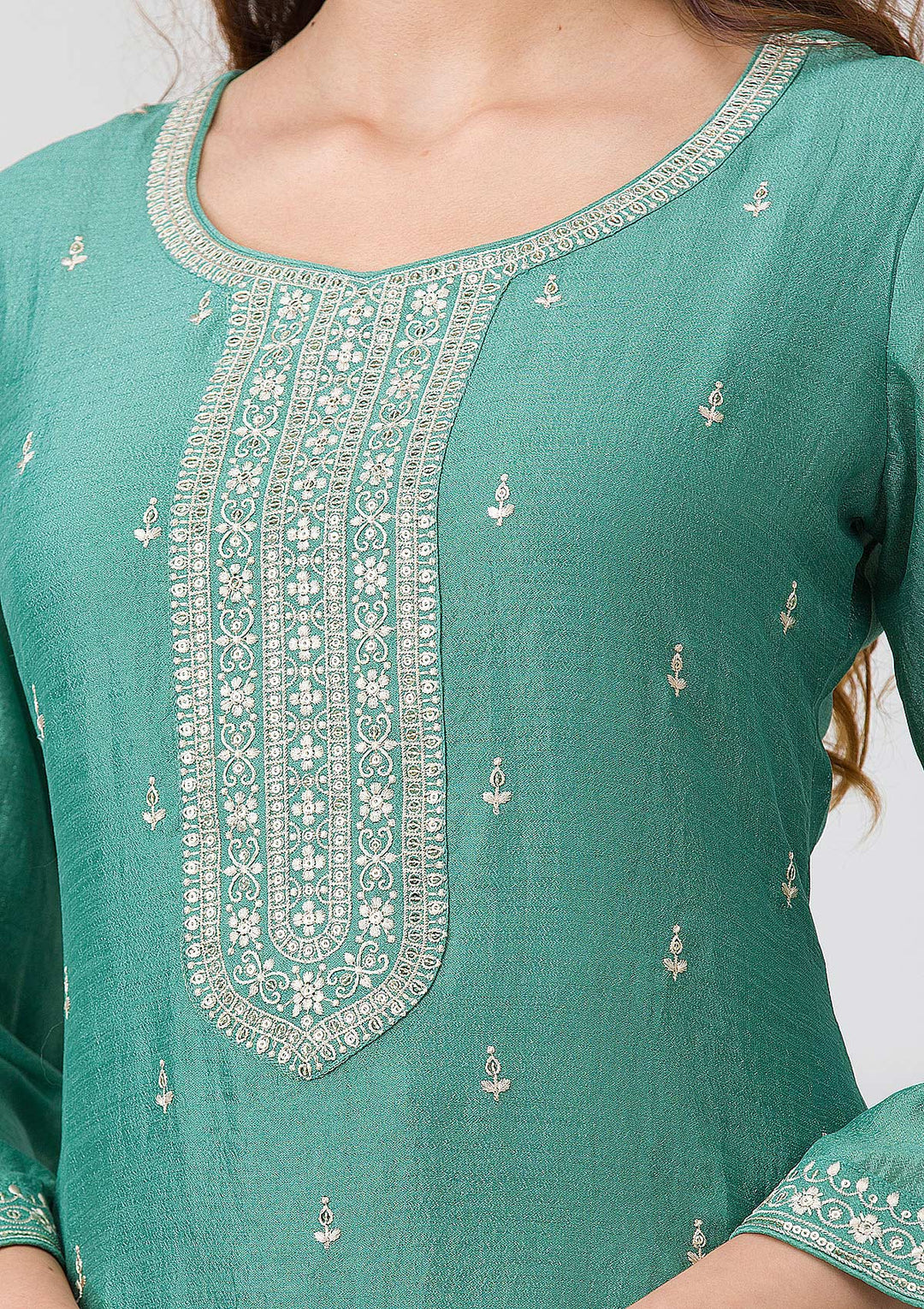 Sea Green Soft Raw Silk Gold Zariwork Straight Kurta With Pant Regular And Dupatta