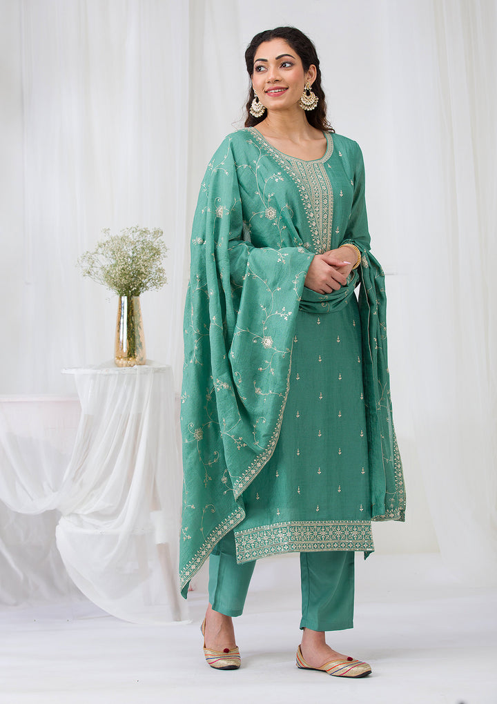 Sea Green Soft Raw Silk Gold Zariwork Straight Kurta With Pant Regular And Dupatta