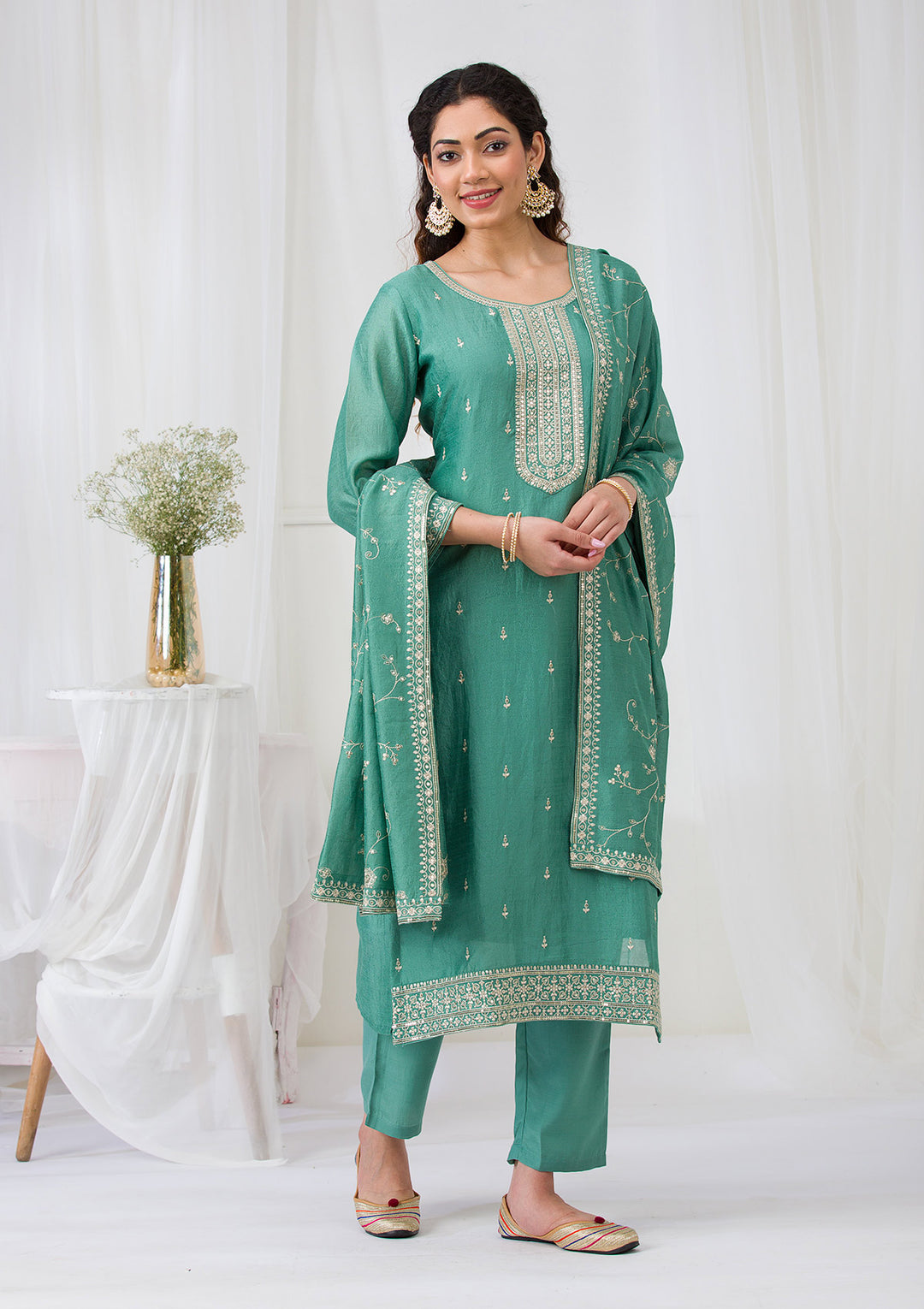 Sea Green Soft Raw Silk Gold Zariwork Straight Kurta With Pant Regular And Dupatta