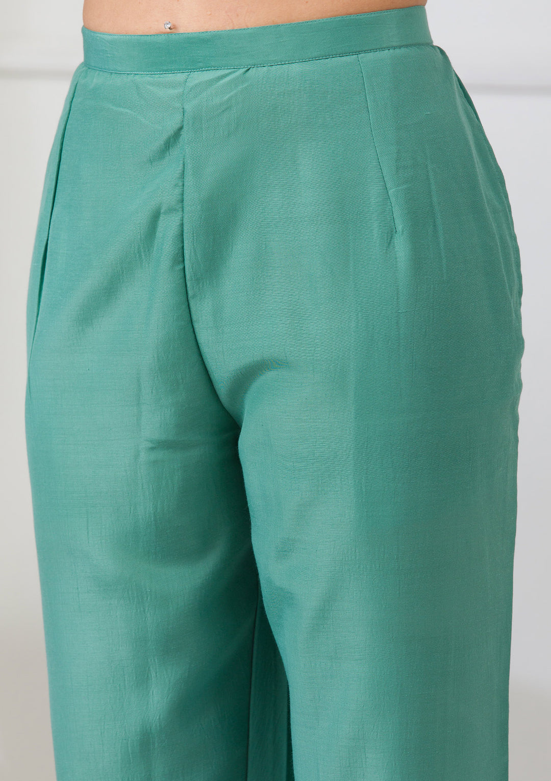 Sea Green Soft Raw Silk Gold Zariwork Straight Kurta With Pant Regular And Dupatta