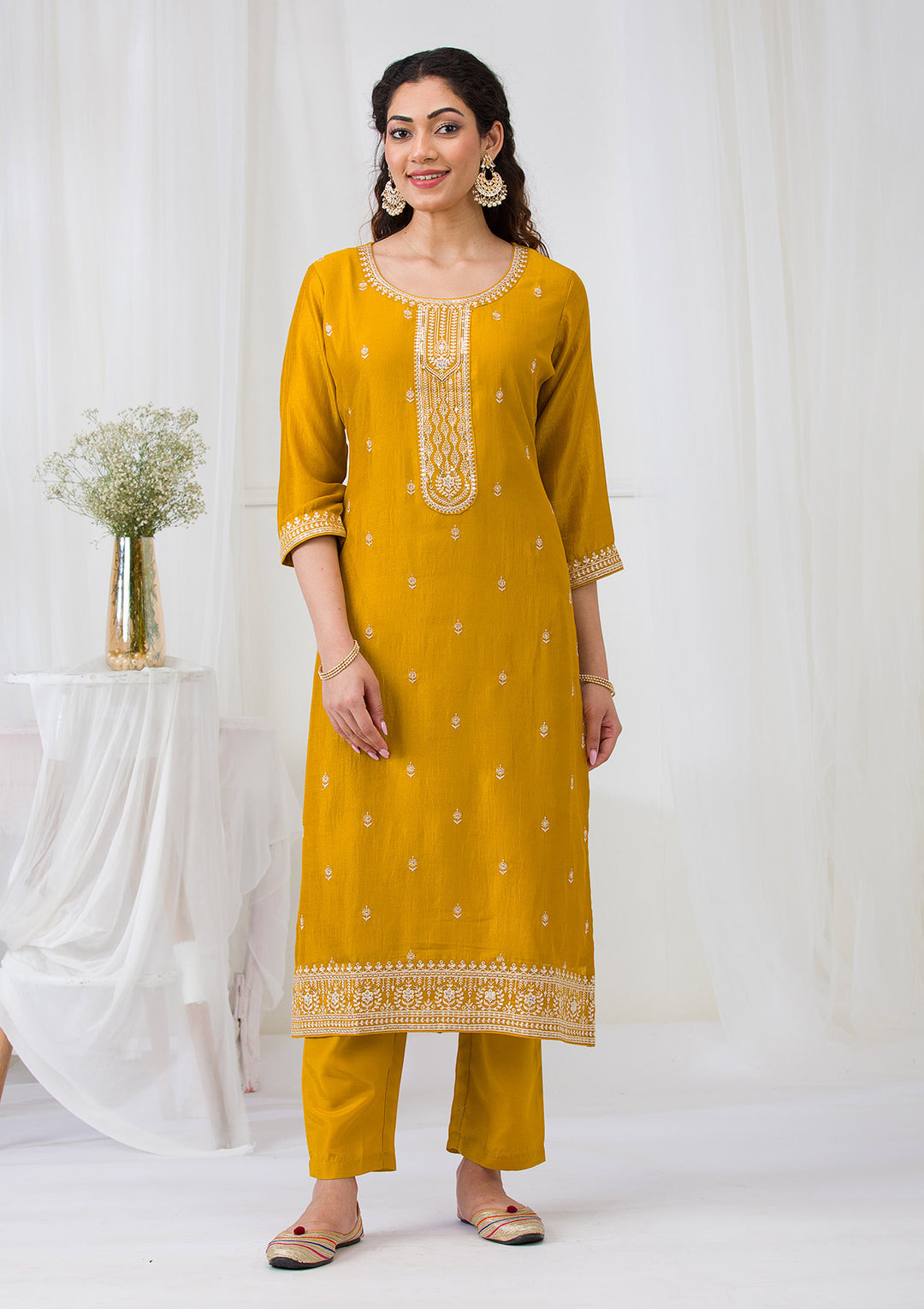 Mustard Sequins Raw Silk Readymade Salwar Suit