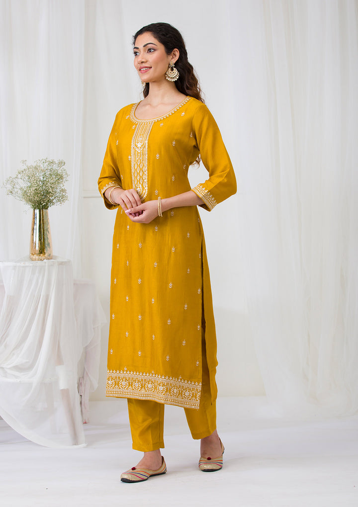 Mustard Sequins Raw Silk Readymade Salwar Suit