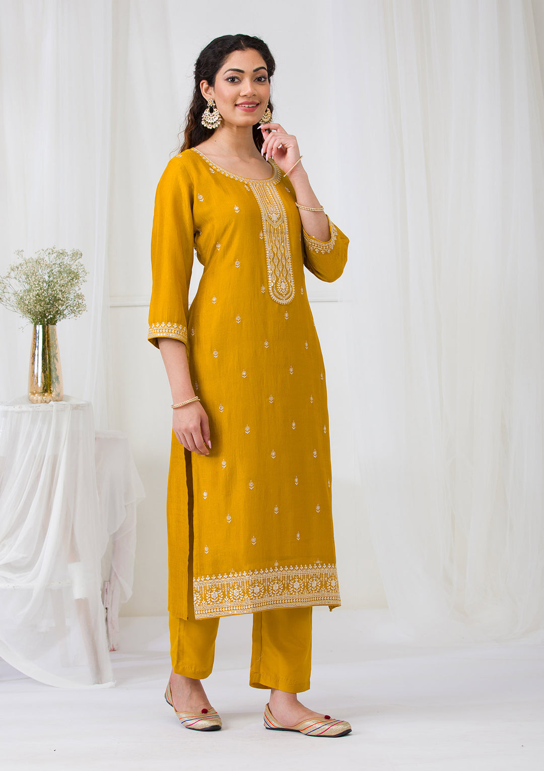 Mustard Sequins Raw Silk Readymade Salwar Suit