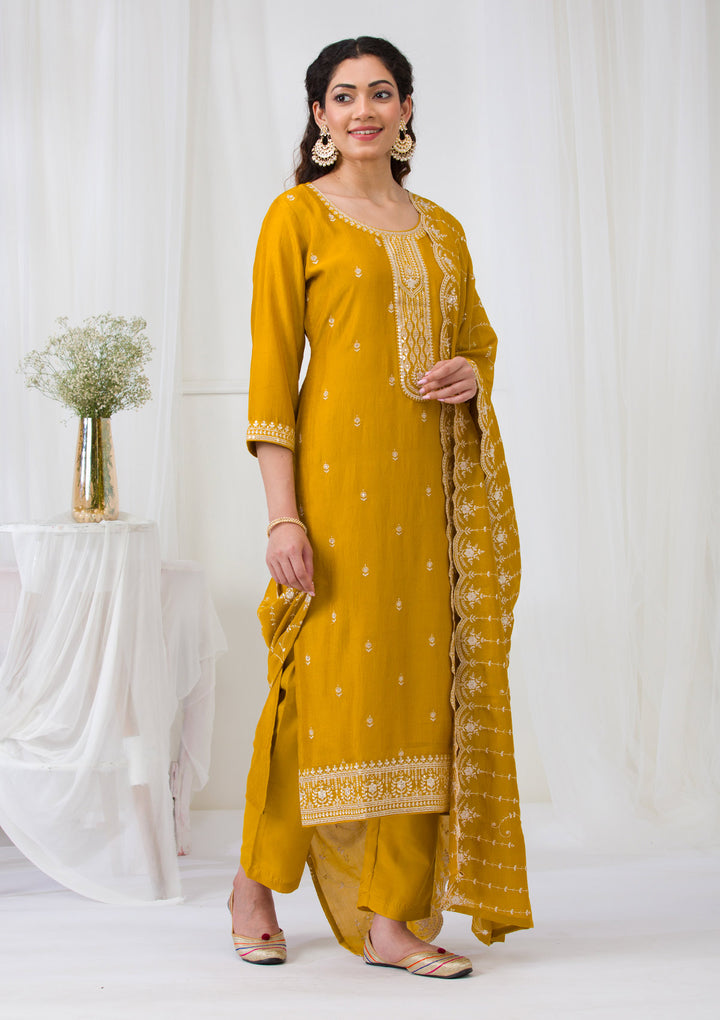 Mustard Sequins Raw Silk Readymade Salwar Suit